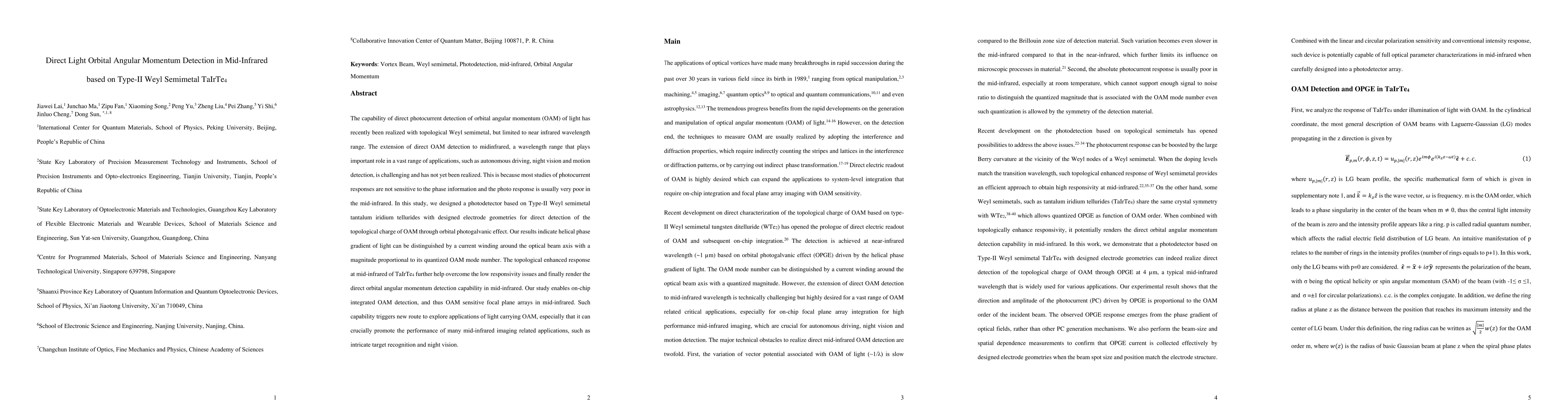 Thumbnail for Direct Light Orbital Angular Momentum Detection in Mid-Infrared based on
  Type-II Weyl Semimetal TaIrTe4