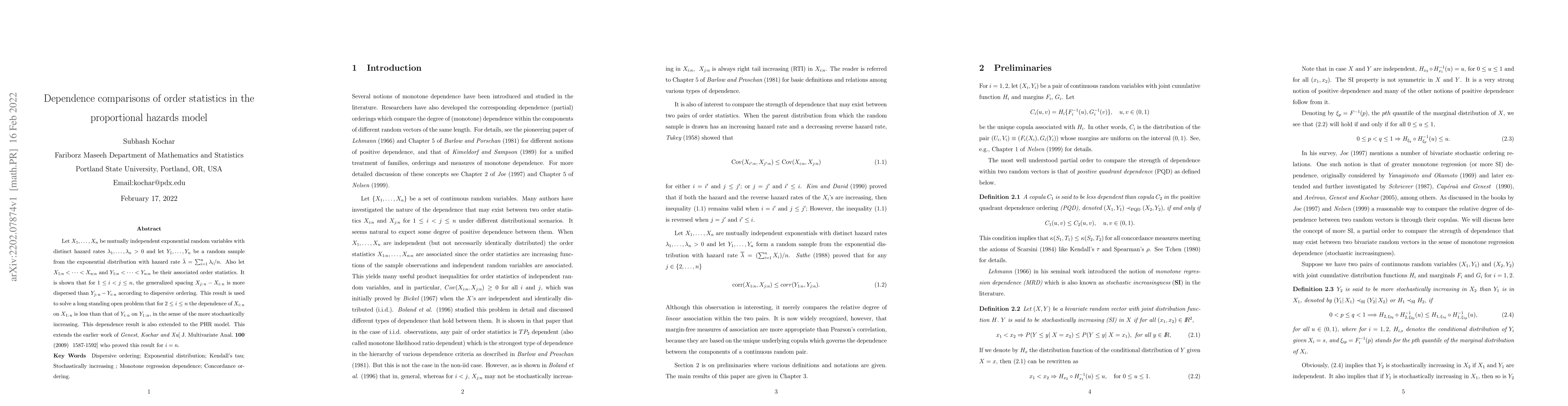 Thumbnail for Dependence comparisons of order statistics in the proportional hazards
  model