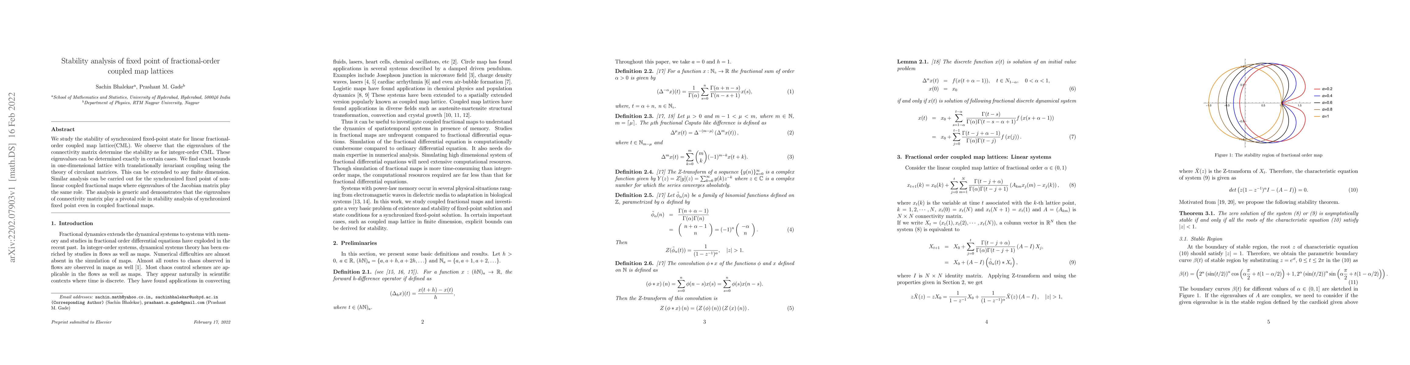 Thumbnail for Stability analysis of fixed point of fractional-order coupled map
  lattices