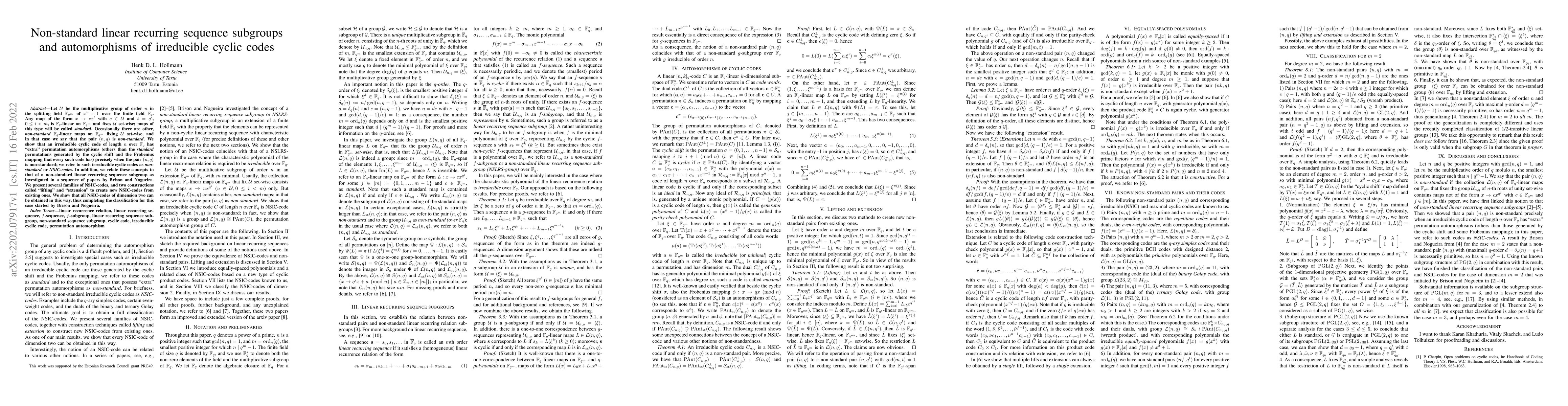 Thumbnail for Non-standard linear recurring sequence subgroups and automorphisms of
  irreducible cyclic codes