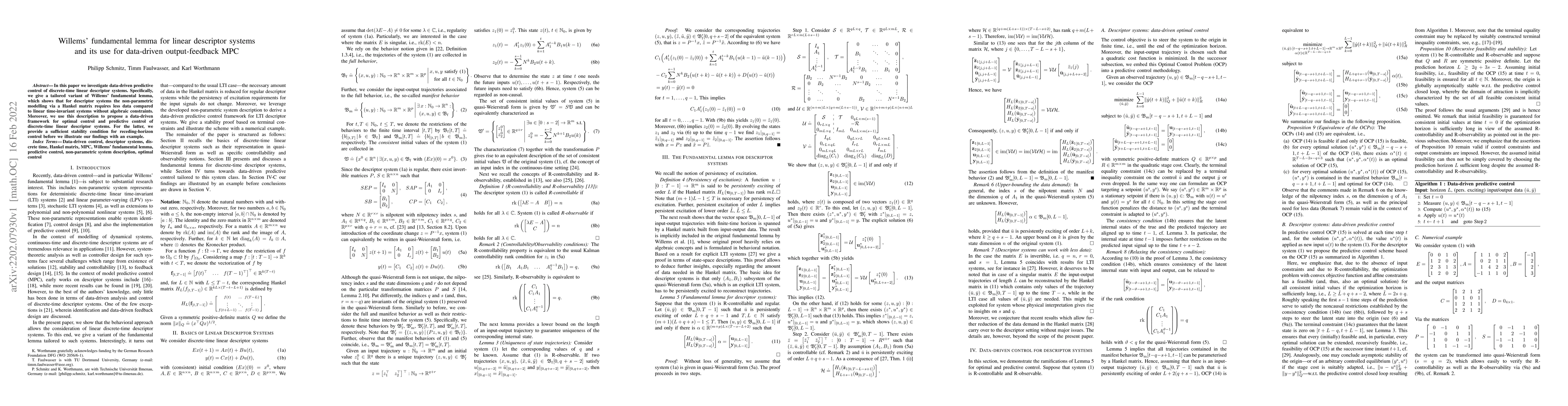 Thumbnail for Willems' fundamental lemma for linear descriptor systems and its use for
  data-driven output-feedback MPC