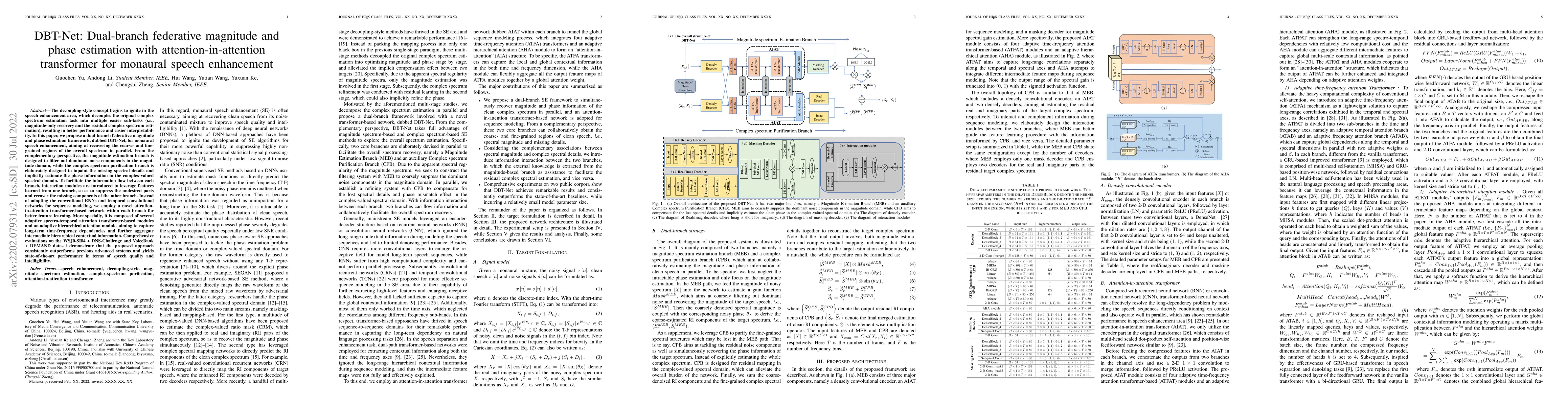 Thumbnail for DBT-Net: Dual-branch federative magnitude and phase estimation with
  attention-in-attention transformer for monaural speech enhancement