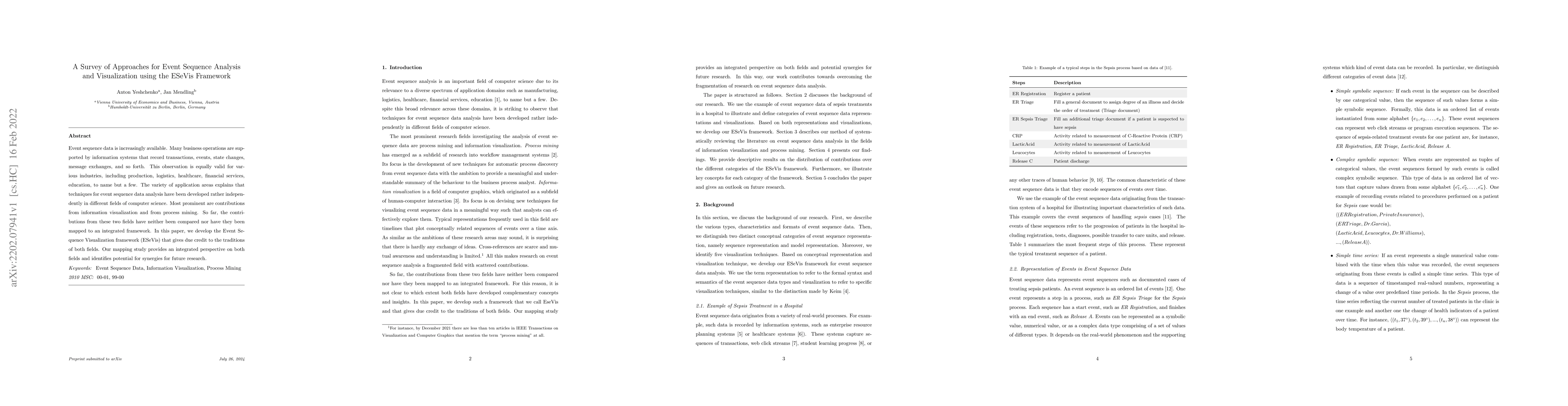 Thumbnail for A Survey of Approaches for Event Sequence Analysis and Visualization
  using the ESeVis Framework