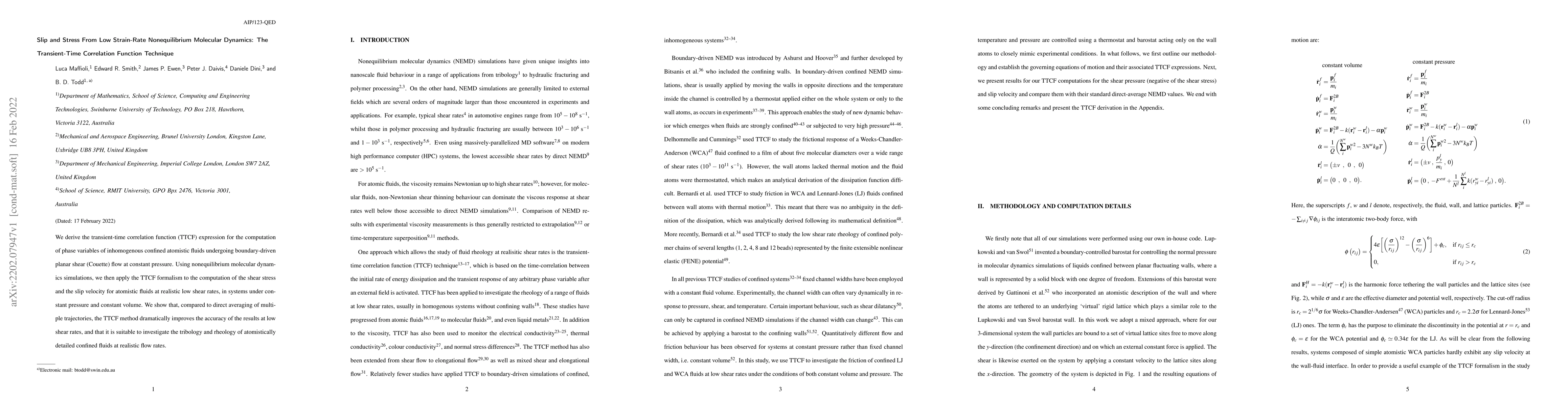 Thumbnail for Slip and Stress From Low Strain-Rate Nonequilibrium Molecular Dynamics:
  The Transient-Time Correlation Function Technique