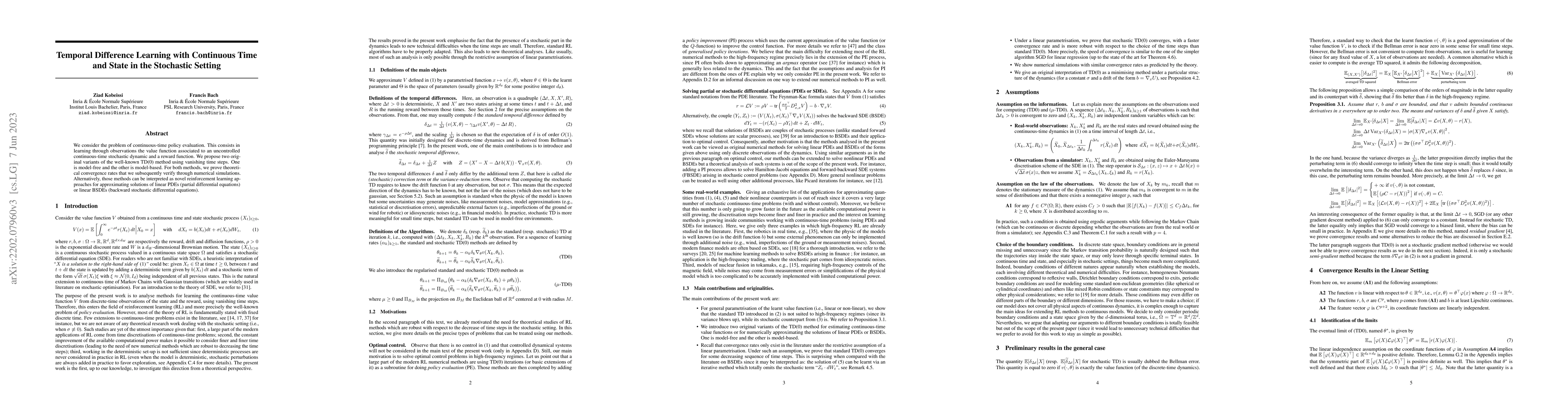 Thumbnail for Temporal Difference Learning with Continuous Time and State in the
  Stochastic Setting