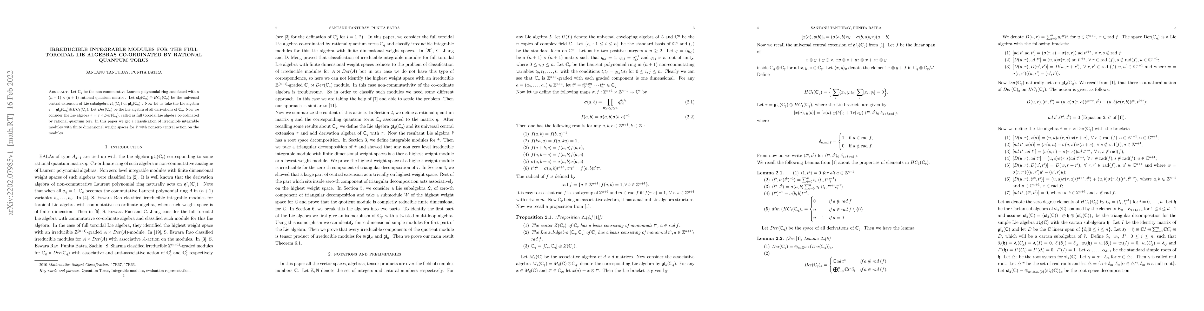 Thumbnail for Irreducible Integrable Modules for the full Toroidal Lie Algebras
  co-ordinated by Rational Quantum Torus