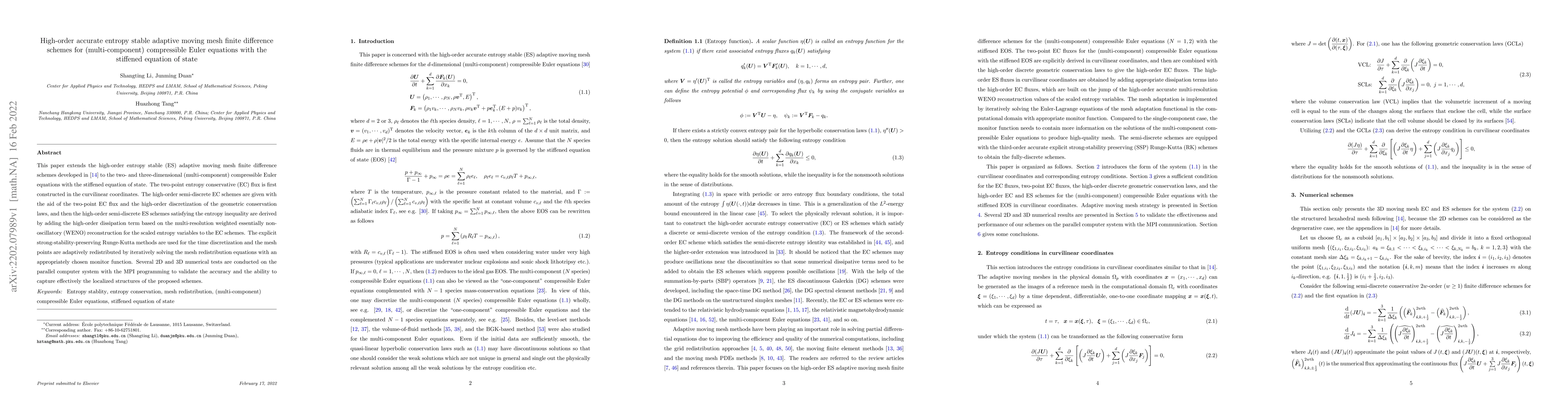 Thumbnail for High-order accurate entropy stable adaptive moving mesh finite
  difference schemes for (multi-component) compressible Euler equations with
  the stiffened equation of state