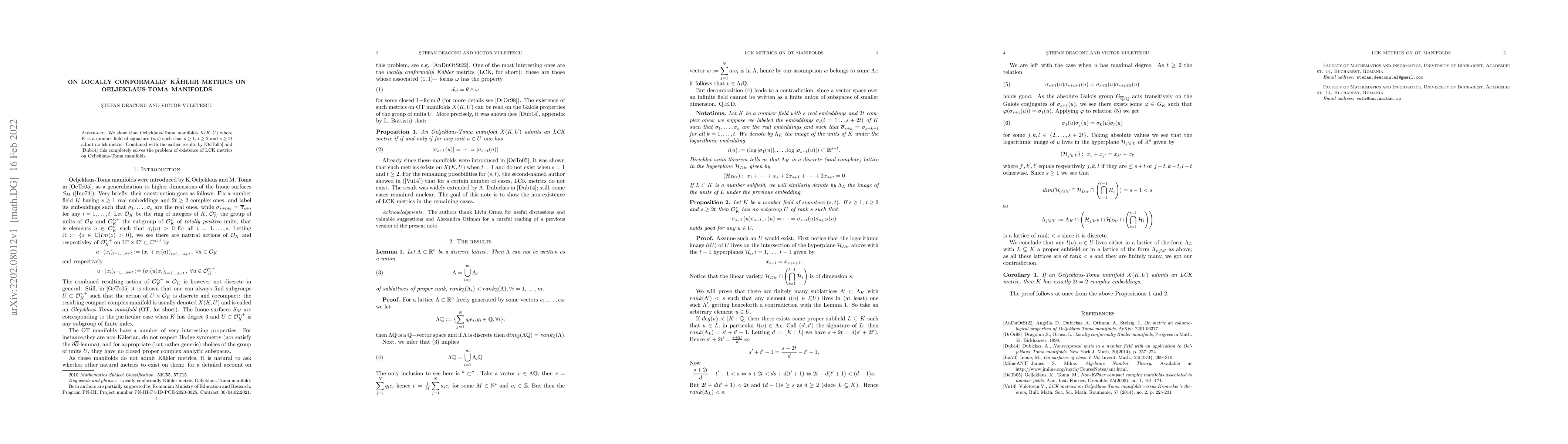 Thumbnail for On Locally Conformally K\" ahler metrics on Oeljeklaus-Toma Manifolds