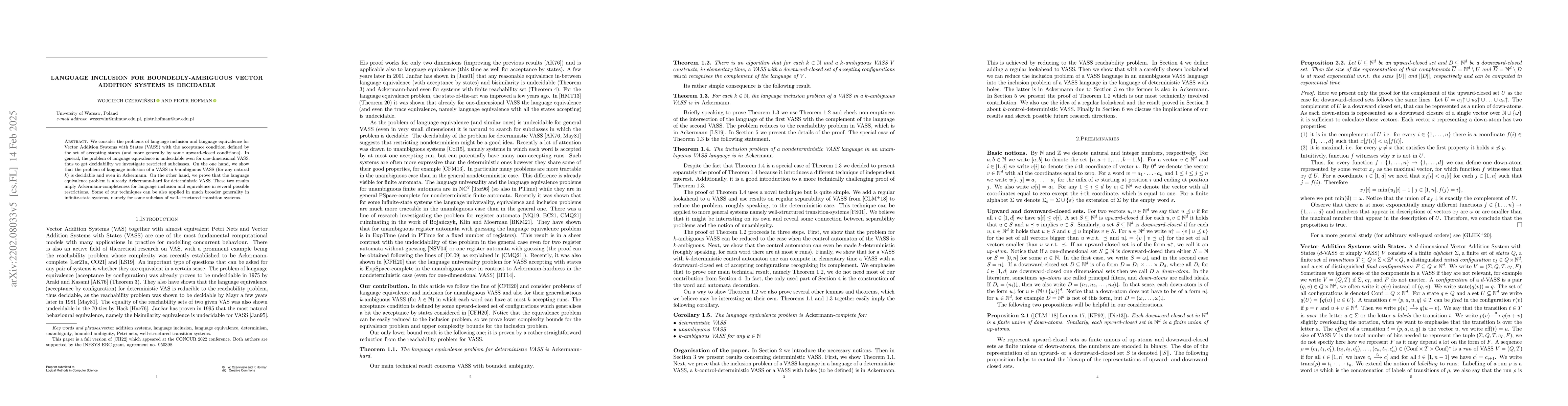 Thumbnail for Language Inclusion for Boundedly-Ambiguous Vector Addition Systems is
  Decidable