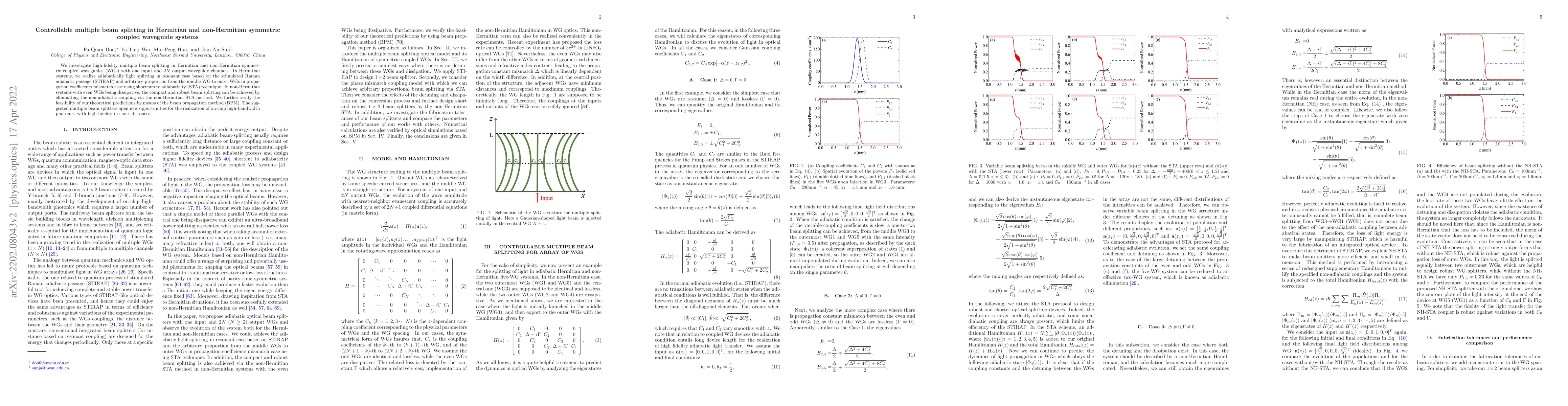 Thumbnail for Controllable multiple beam splitting in Hermitian and non-Hermitian
  symmetric coupled waveguide systems