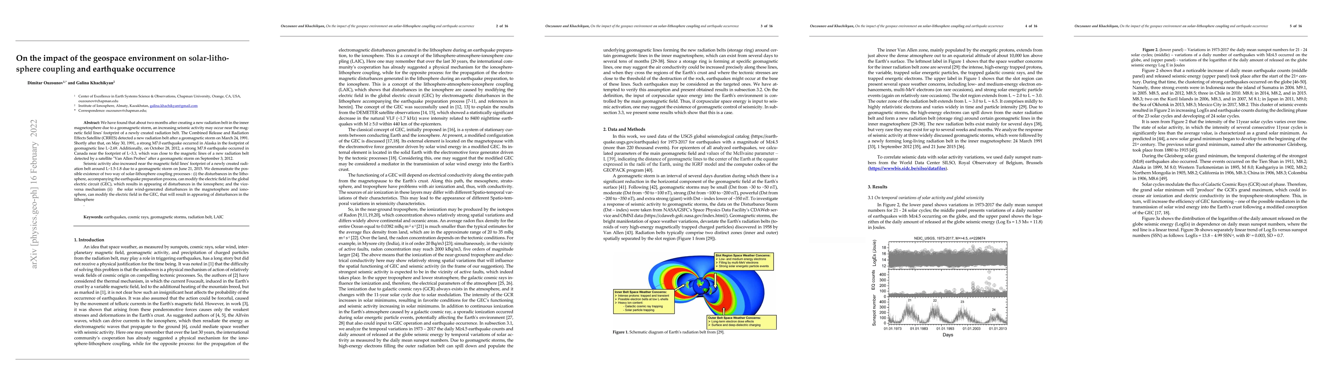Thumbnail for On the impact of the geospace environment on so-lar-lithosphere coupling
  and earthquake occurrence