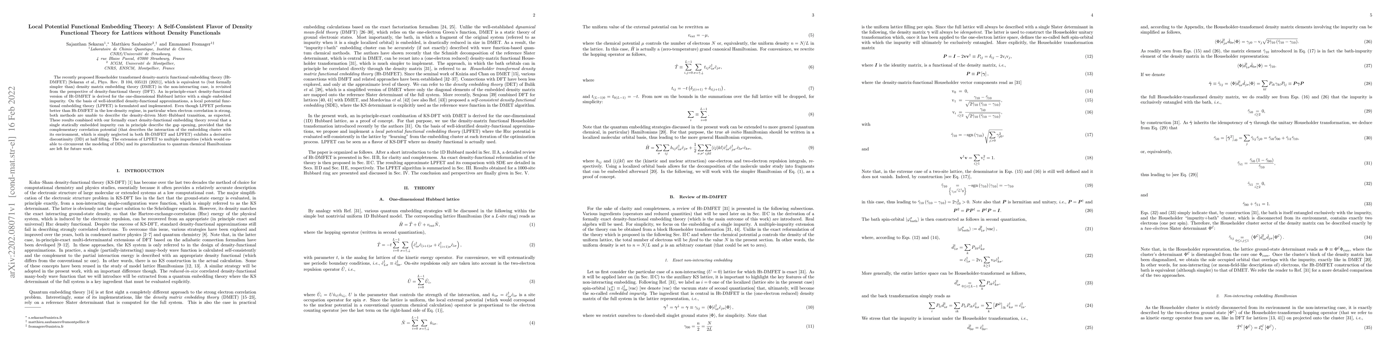 Thumbnail for Local Potential Functional Embedding Theory: A Self-Consistent Flavor of
  Density Functional Theory for Lattices without Density Functionals