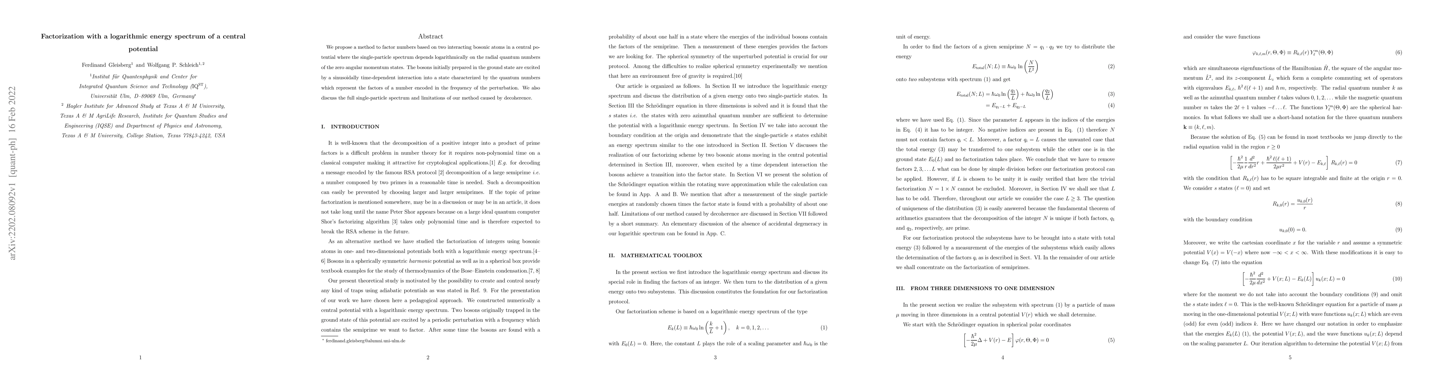 Thumbnail for Factorization with a logarithmic energy spectrum of a central potential