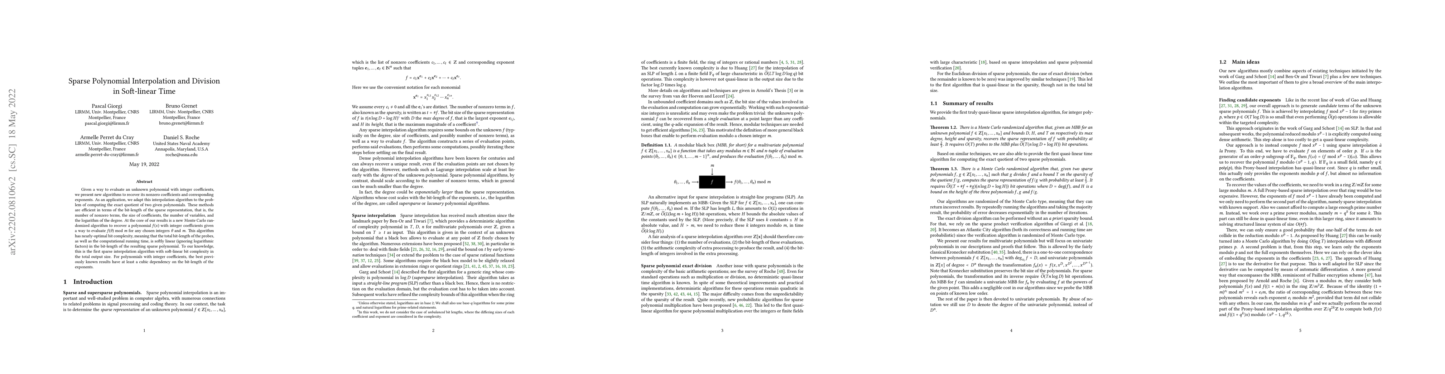 Thumbnail for Sparse Polynomial Interpolation and Division in Soft-linear Time