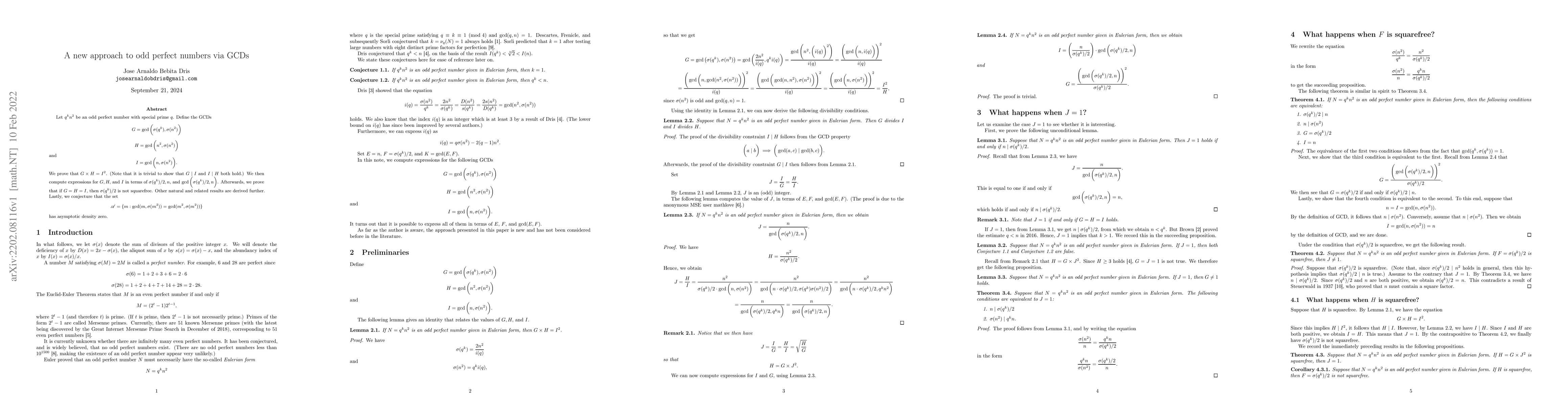 Thumbnail for A new approach to odd perfect numbers via GCDs