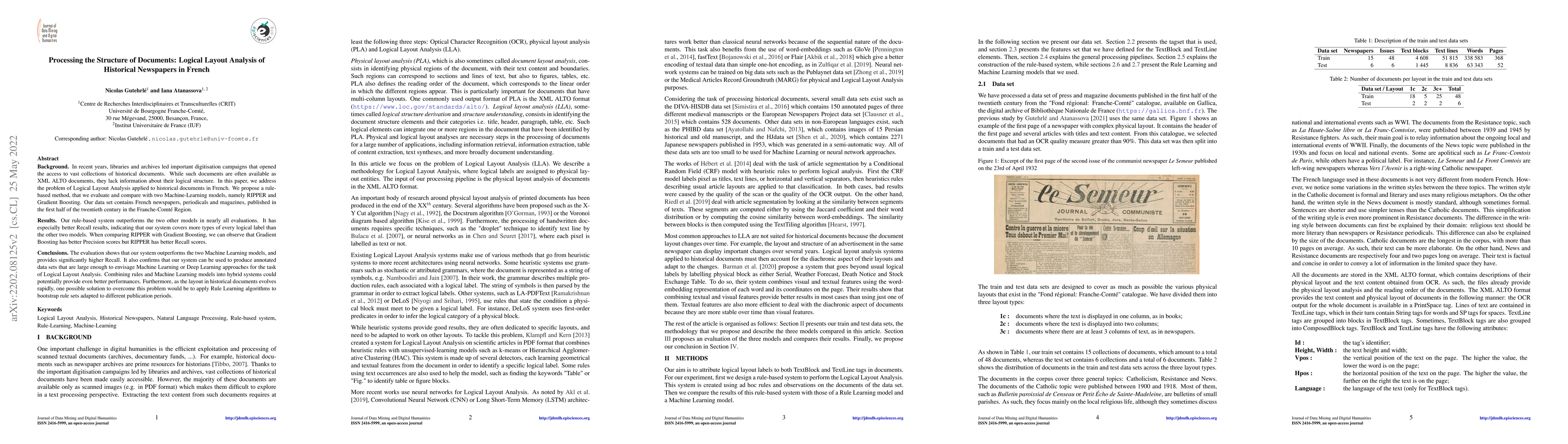 Thumbnail for Processing the structure of documents: Logical Layout Analysis of
  historical newspapers in French