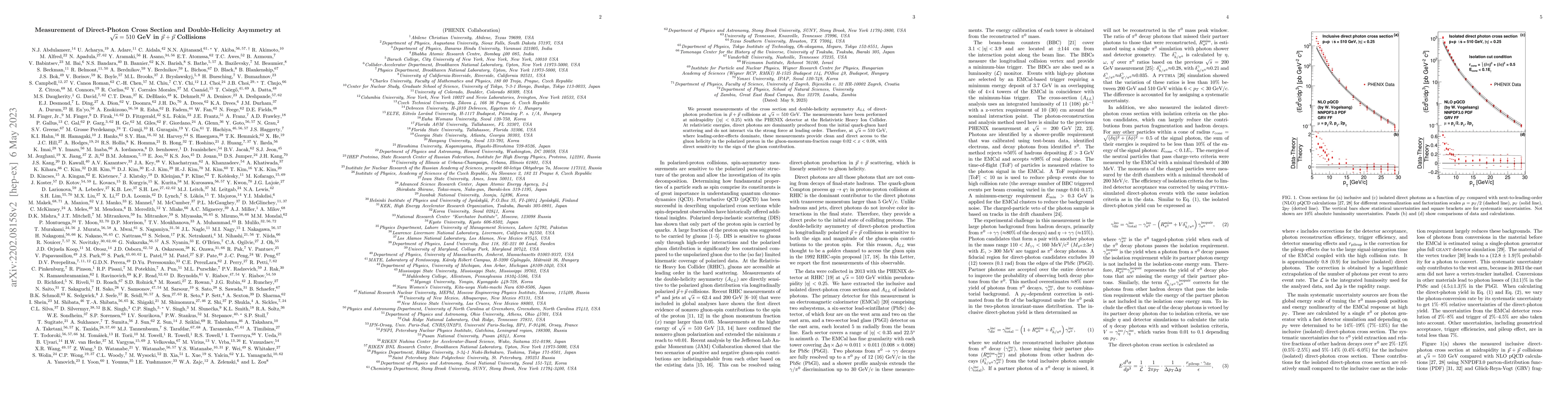 Thumbnail for Measurement of Direct-Photon Cross Section and Double-Helicity Asymmetry
  at $\sqrt{s}=510$ GeV in $\vec{p}+\vec{p}$ Collisions