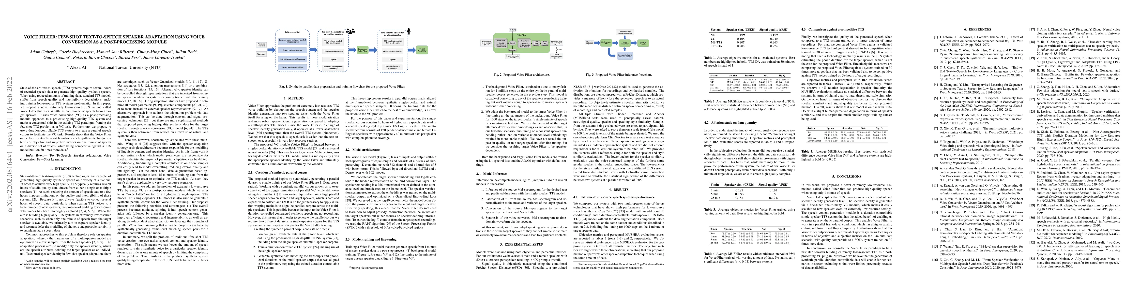 Thumbnail for Voice Filter: Few-shot text-to-speech speaker adaptation using voice
  conversion as a post-processing module