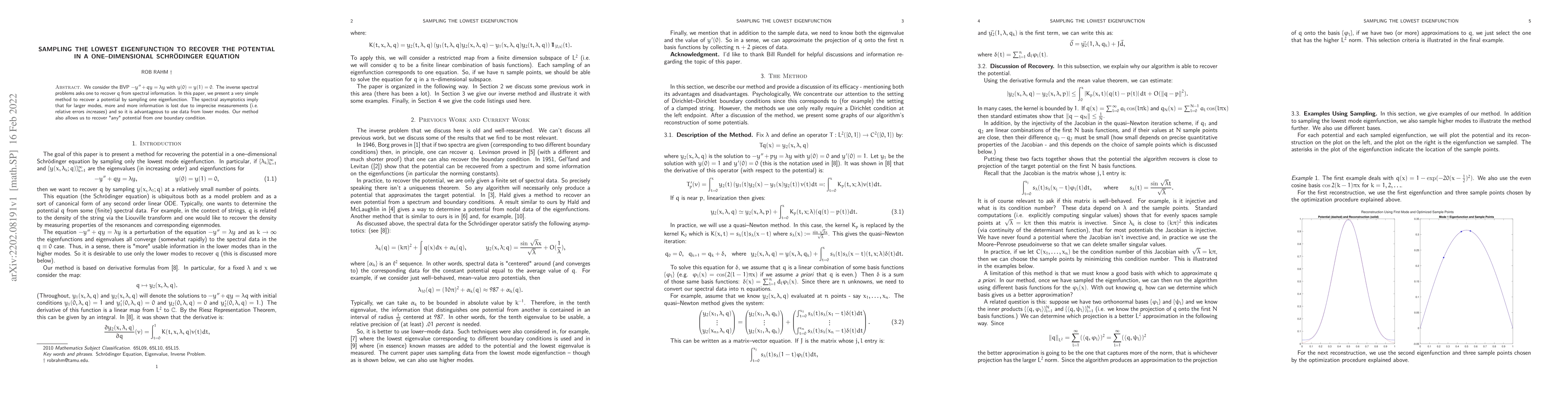 Thumbnail for Sampling The Lowest Eigenfunction to Recover the Potential in a
  One-Dimensional Schr\"odinger Equation
