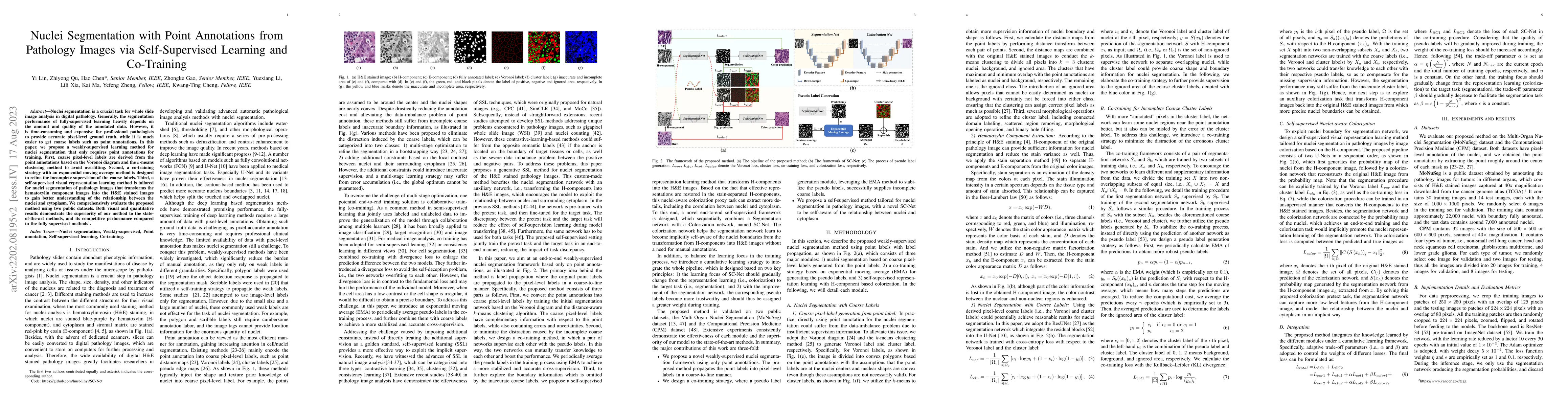 Thumbnail for Nuclei Segmentation with Point Annotations from Pathology Images via
  Self-Supervised Learning and Co-Training