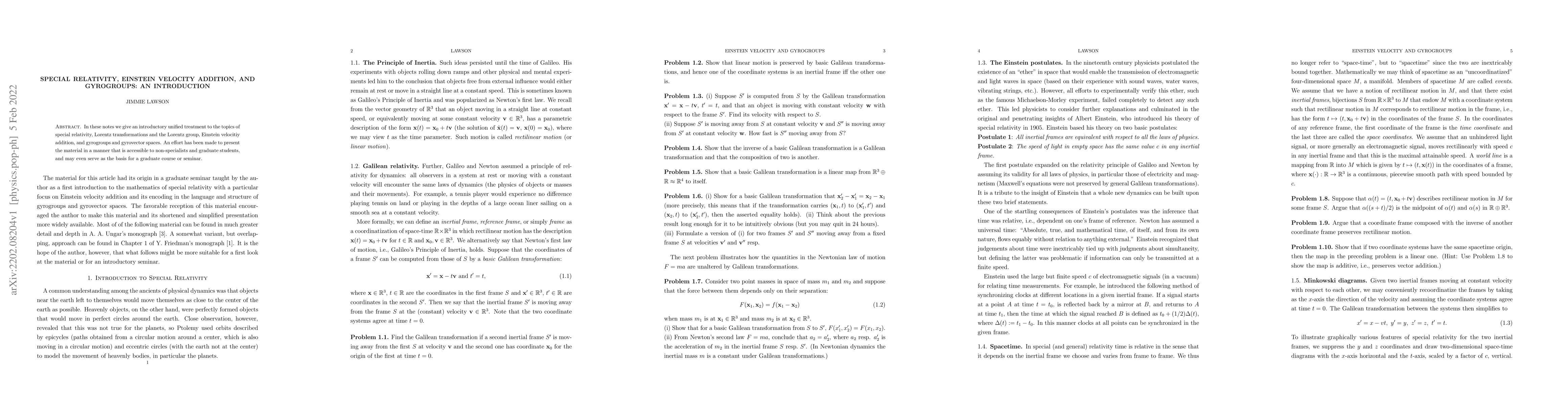 Thumbnail for Special Relativity, Einstein Velocity Addition, and Gyrogroups: An
  Introduction