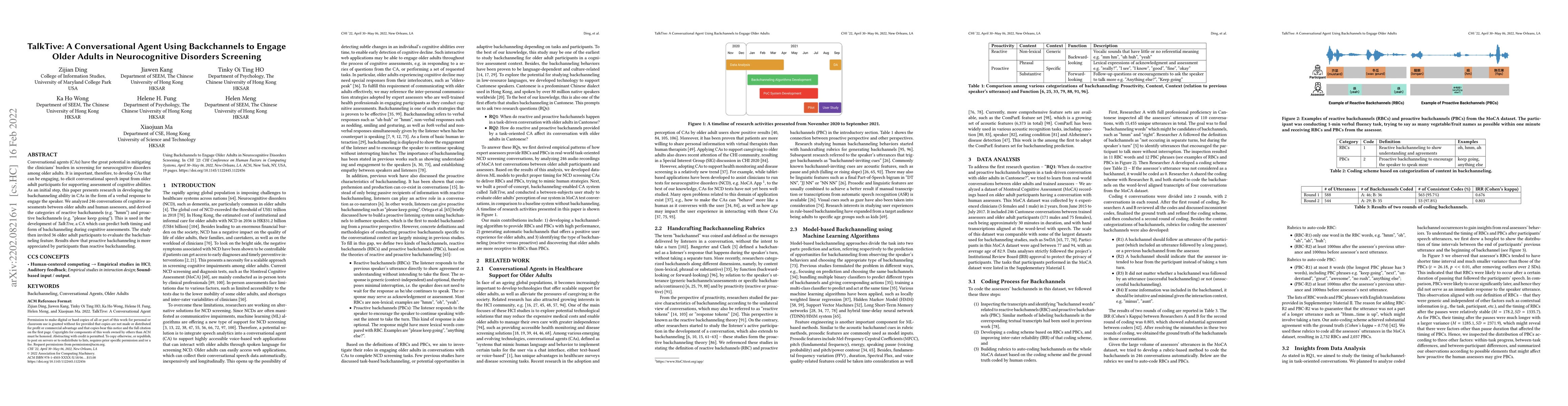 Thumbnail for TalkTive: A Conversational Agent Using Backchannels to Engage Older
  Adults in Neurocognitive Disorders Screening