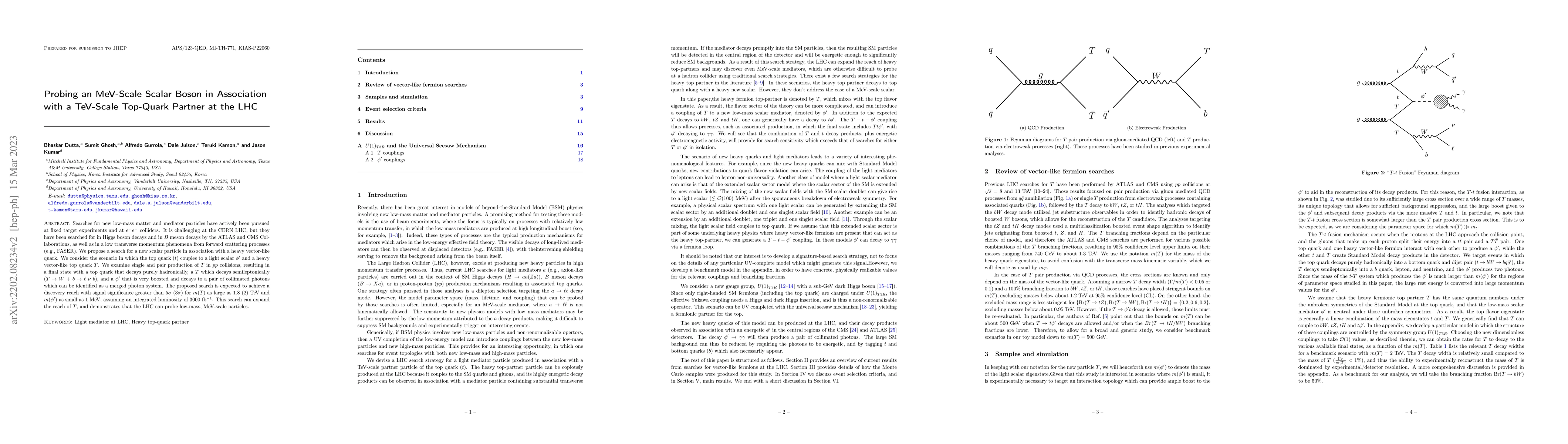 Thumbnail for Probing an MeV-Scale Scalar Boson in Association with a TeV-Scale
  Top-Quark Partner at the LHC