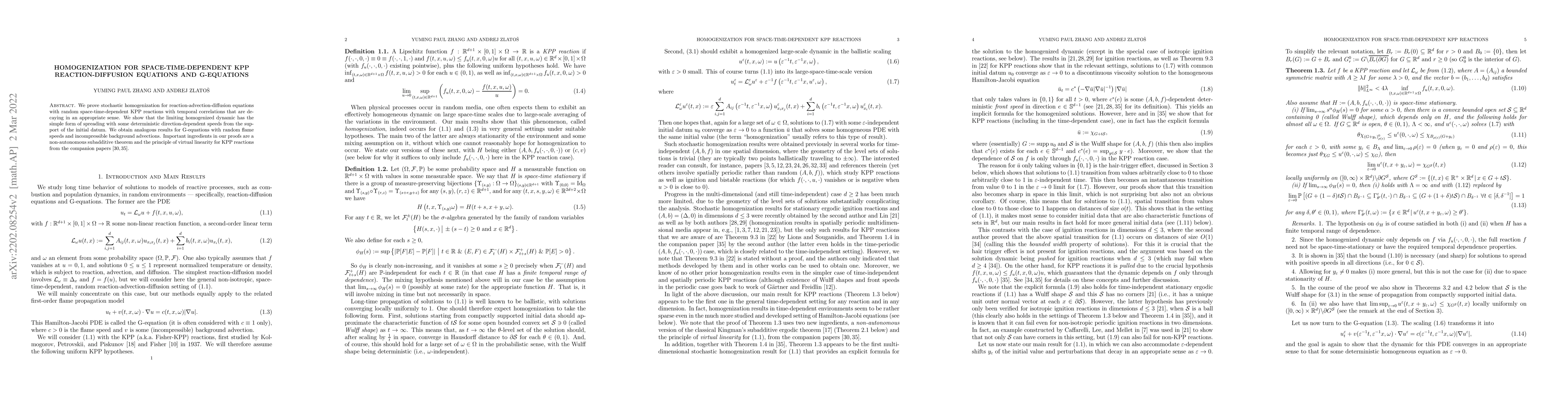 Thumbnail for Homogenization for Space-Time-Dependent KPP Reaction-Diffusion Equations
  and G-Equations