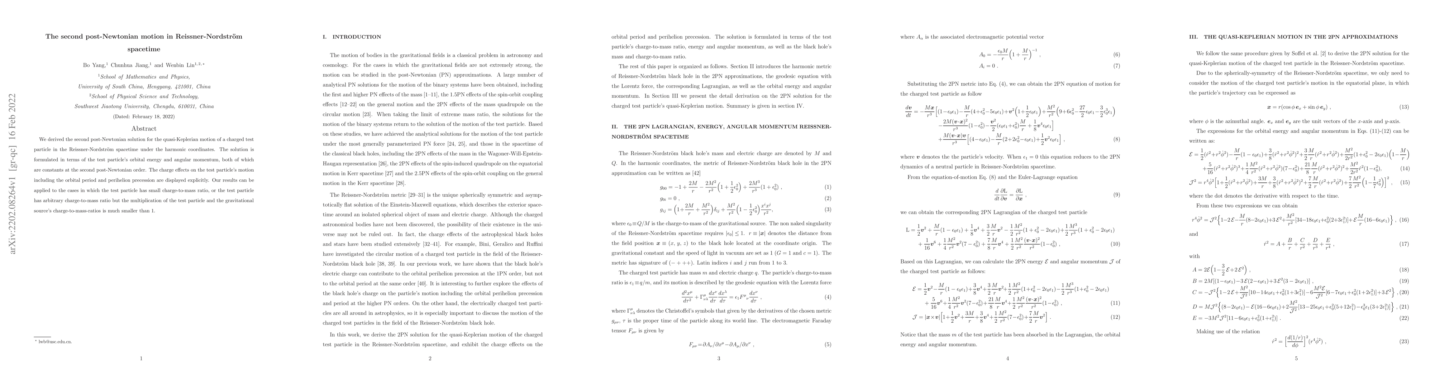 Thumbnail for The second post-Newtonian motion in Reissner-Nordstr\"om spacetime