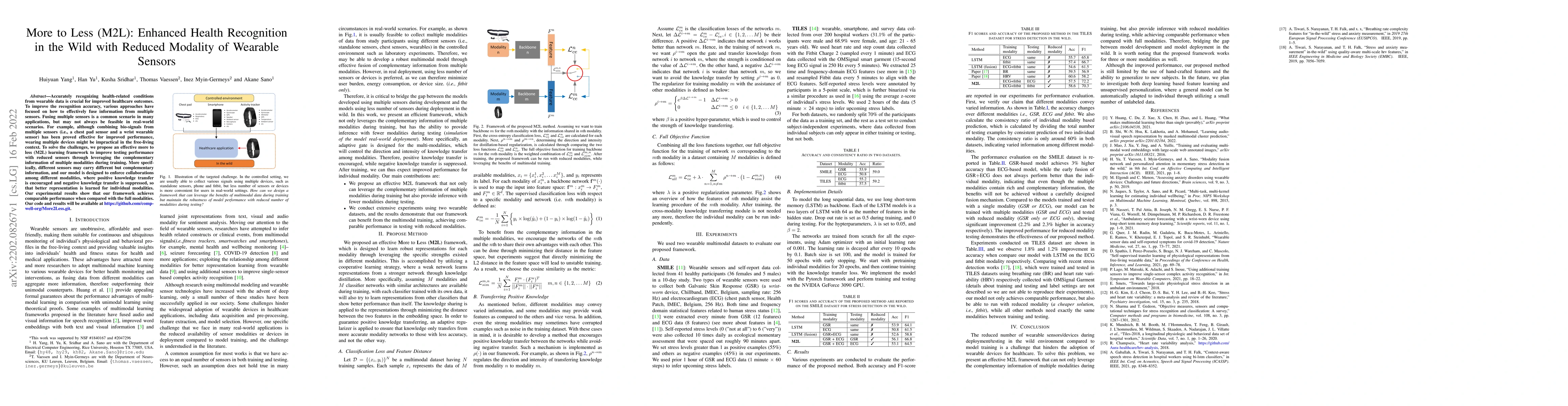 Thumbnail for More to Less (M2L): Enhanced Health Recognition in the Wild with Reduced
  Modality of Wearable Sensors