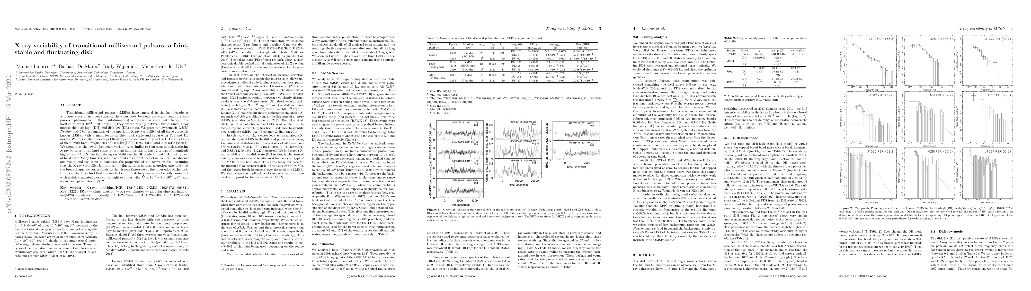 Thumbnail for X-ray variability of transitional millisecond pulsars: a faint, stable
  and fluctuating disk