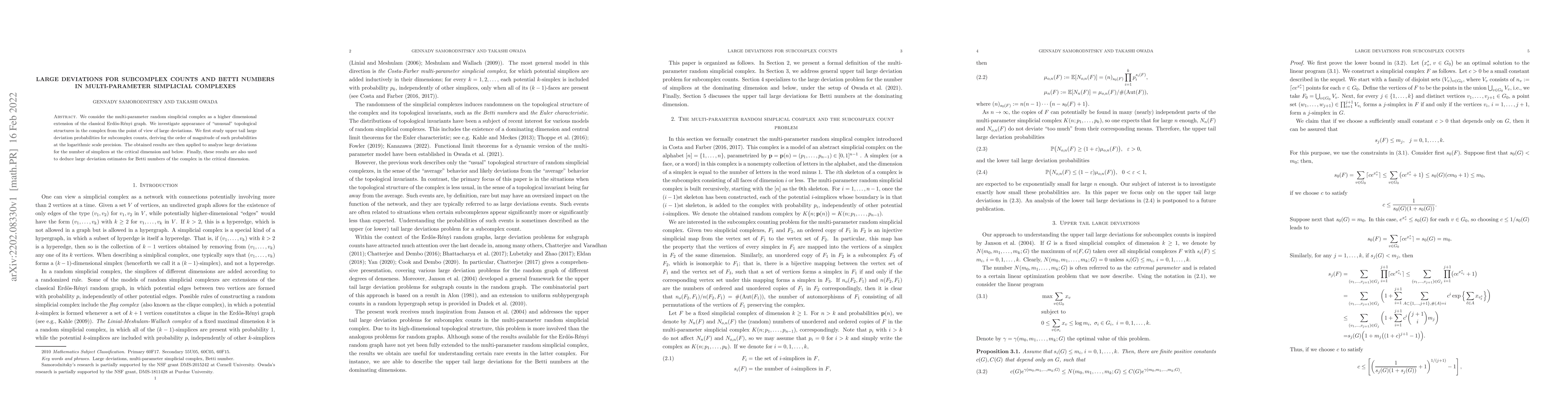 Thumbnail for Large deviations for subcomplex counts and Betti numbers in
  multi-parameter simplicial complexes