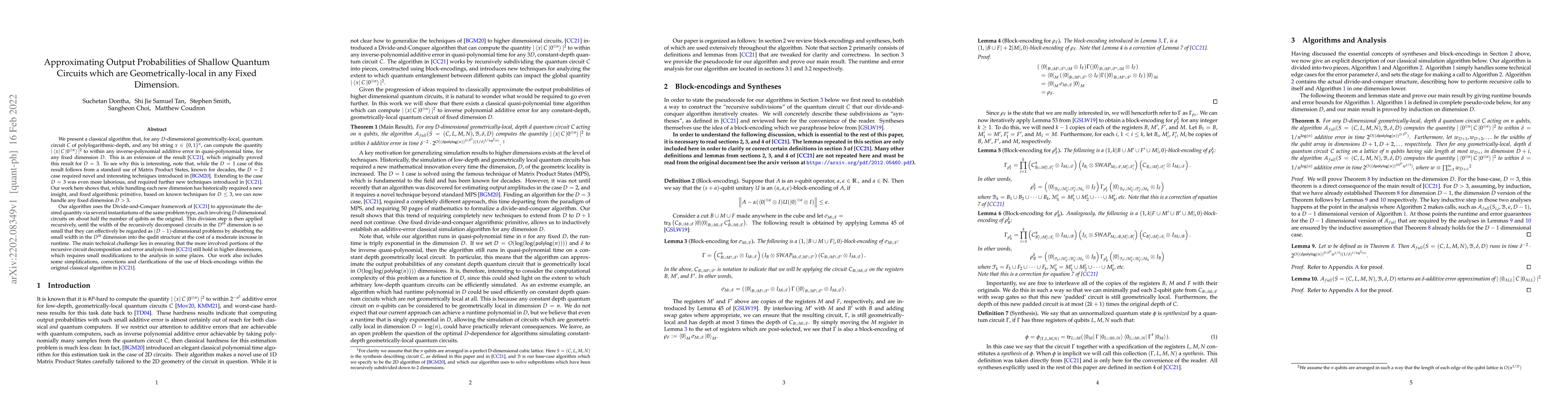 Thumbnail for Approximating Output Probabilities of Shallow Quantum Circuits which are
  Geometrically-local in any Fixed Dimension