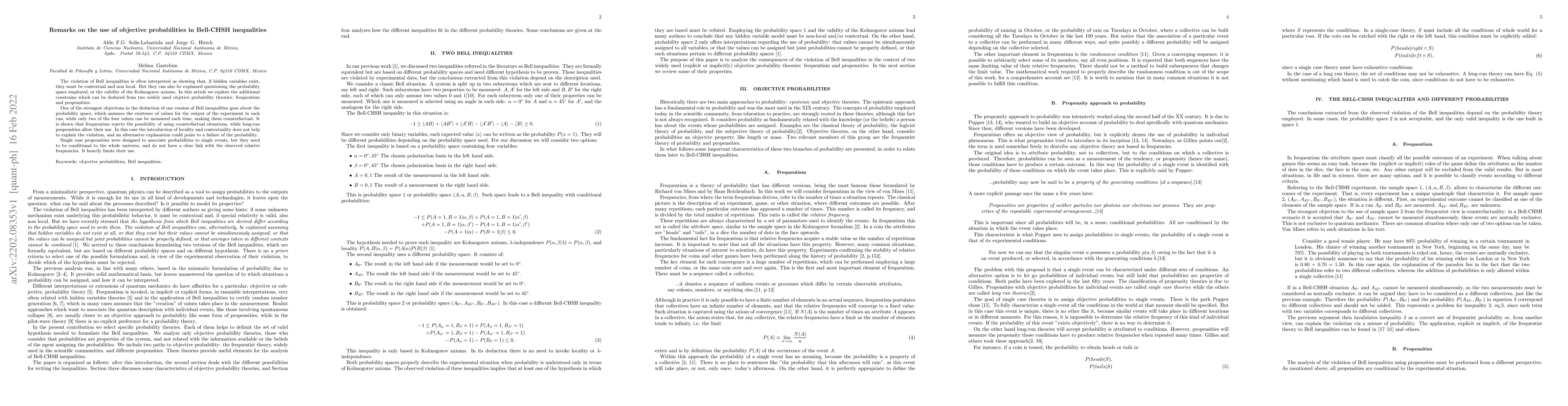 Thumbnail for Remarks on the use of objective probabilities in Bell-CHSH inequalities