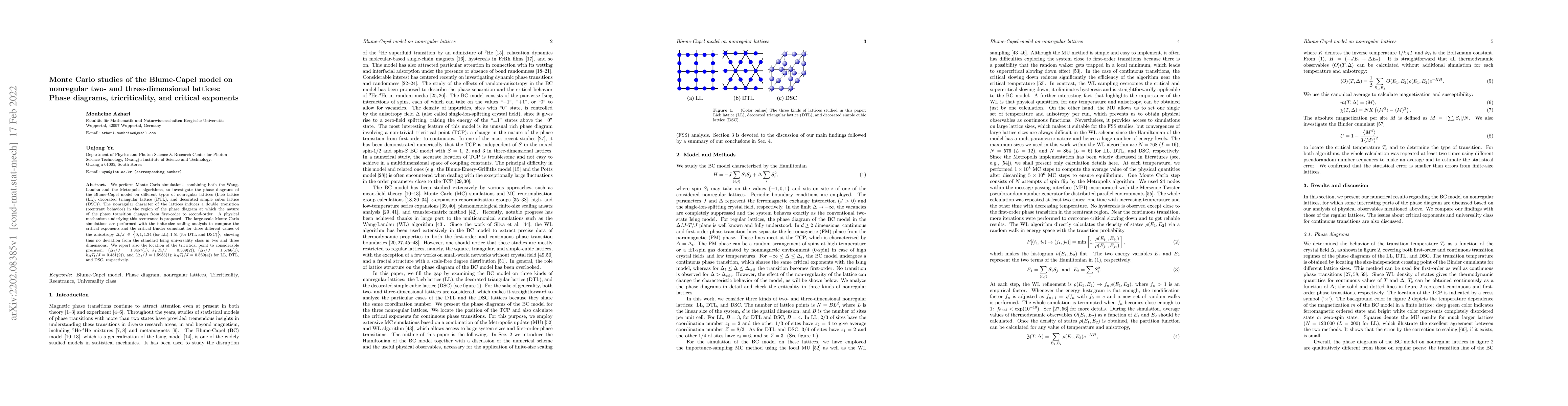 Thumbnail for Monte Carlo studies of the Blume-Capel model on nonregular two- and
  three-dimensional lattices: Phase diagrams, tricriticality, and critical
  exponents