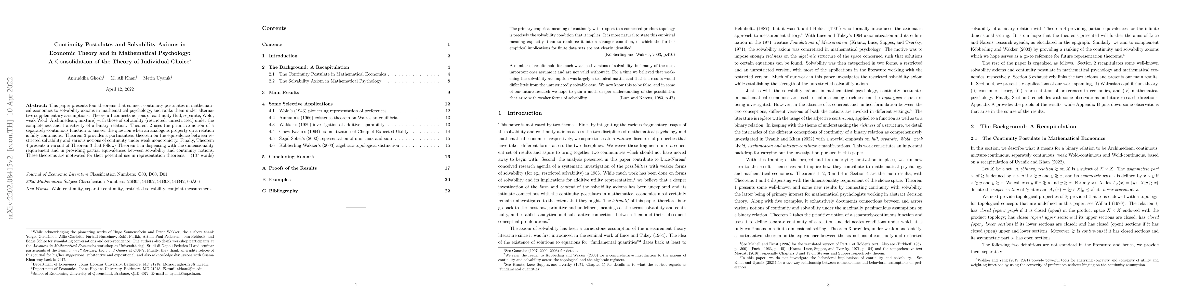 Thumbnail for Continuity Postulates and Solvability Axioms in Economic Theory and in
  Mathematical Psychology: A Consolidation of the Theory of Individual Choice