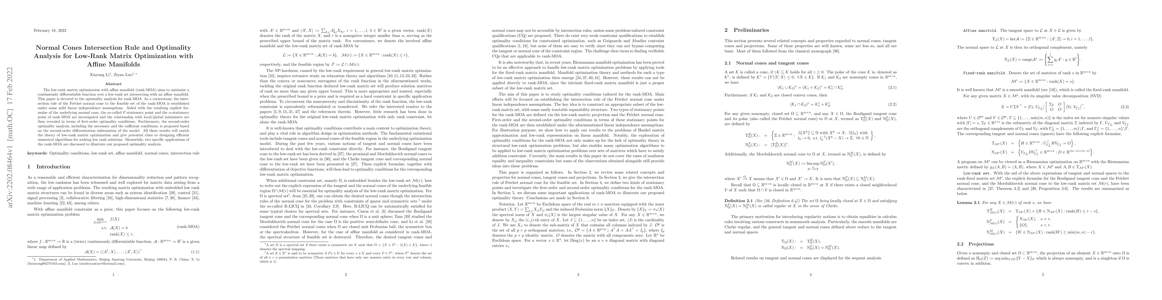 Thumbnail for Normal Cones Intersection Rule and Optimality Analysis for Low-Rank
  Matrix Optimization with Affine Manifolds