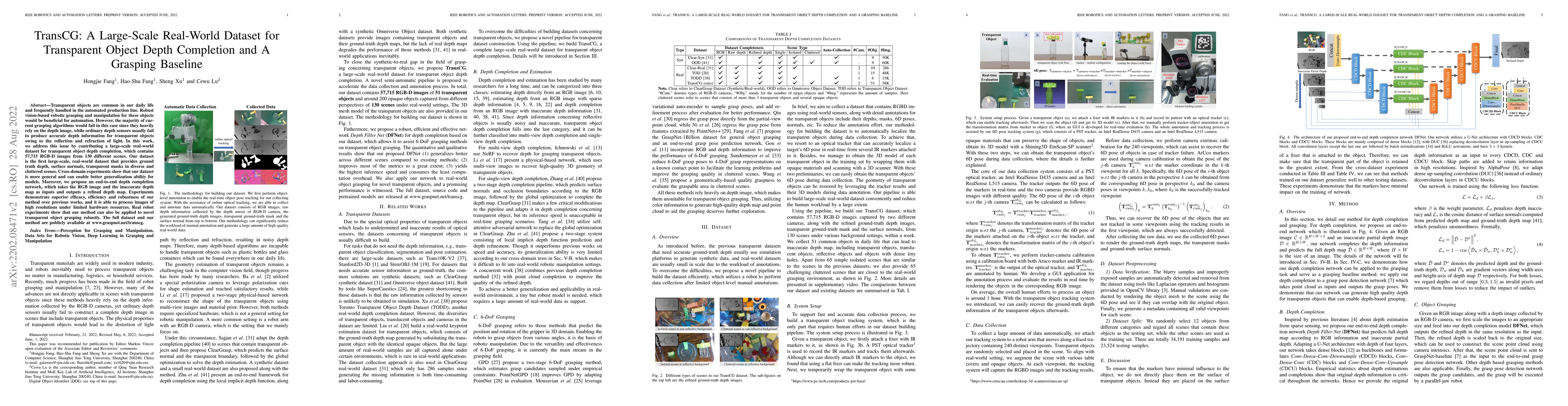 Thumbnail for TransCG: A Large-Scale Real-World Dataset for Transparent Object Depth
  Completion and a Grasping Baseline
