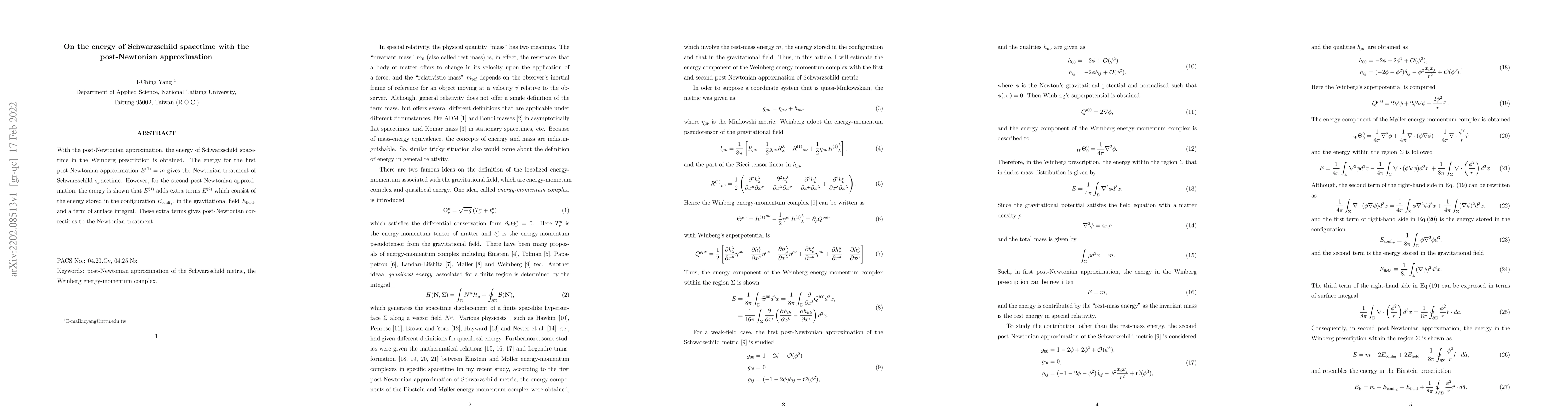 Thumbnail for On the energy of Schwarzschild spacetime with the post-Newtonian
  approximation