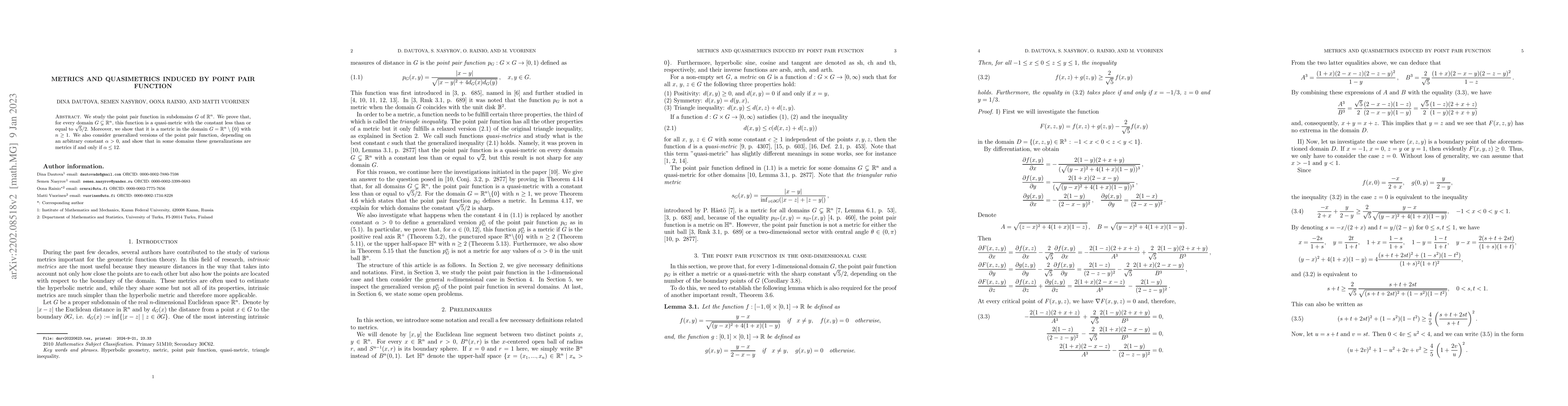 Thumbnail for Metrics and quasimetrics induced by point pair function