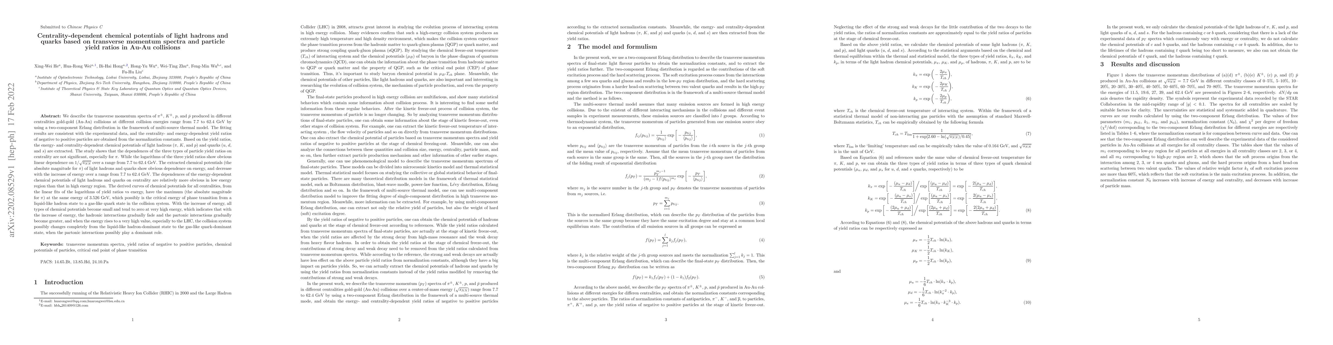 Thumbnail for Centrality-dependent chemical potentials of light hadrons and quarks
  based on transverse momentum spectra and particle yield ratios in Au-Au
  collisions
