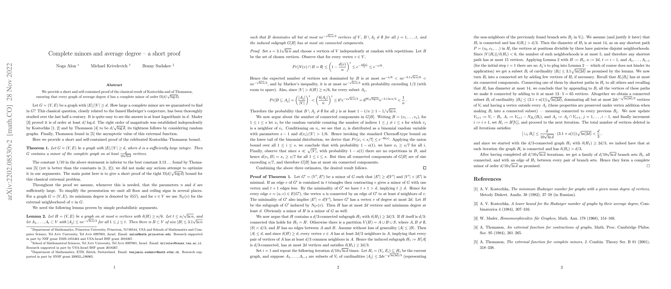 Thumbnail for Complete minors and average degree -- a short proof