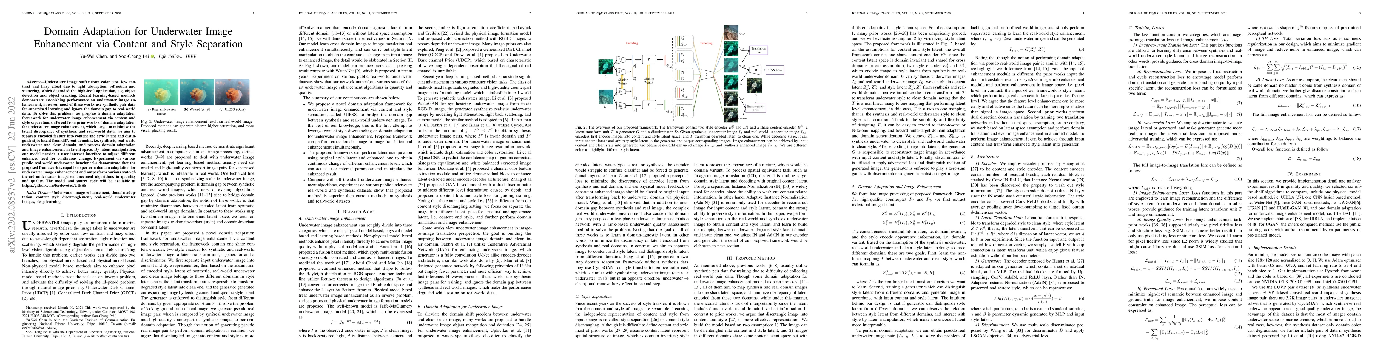 Thumbnail for Domain Adaptation for Underwater Image Enhancement via Content and Style
  Separation