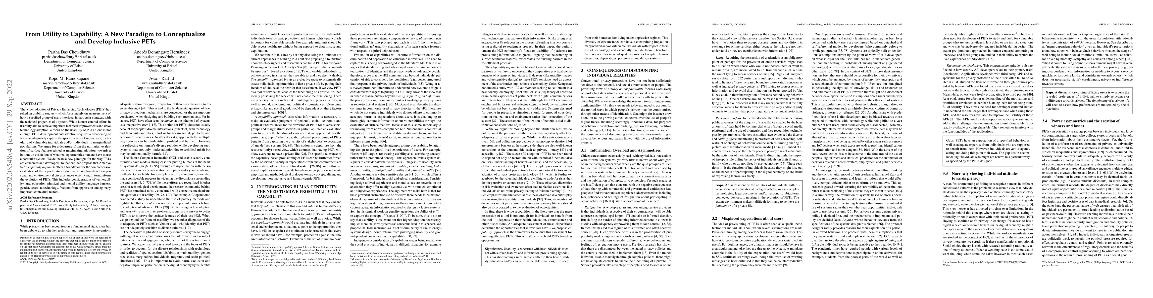 Thumbnail for From Utility to Capability: A New Paradigm to Conceptualize and Develop
  Inclusive PETs