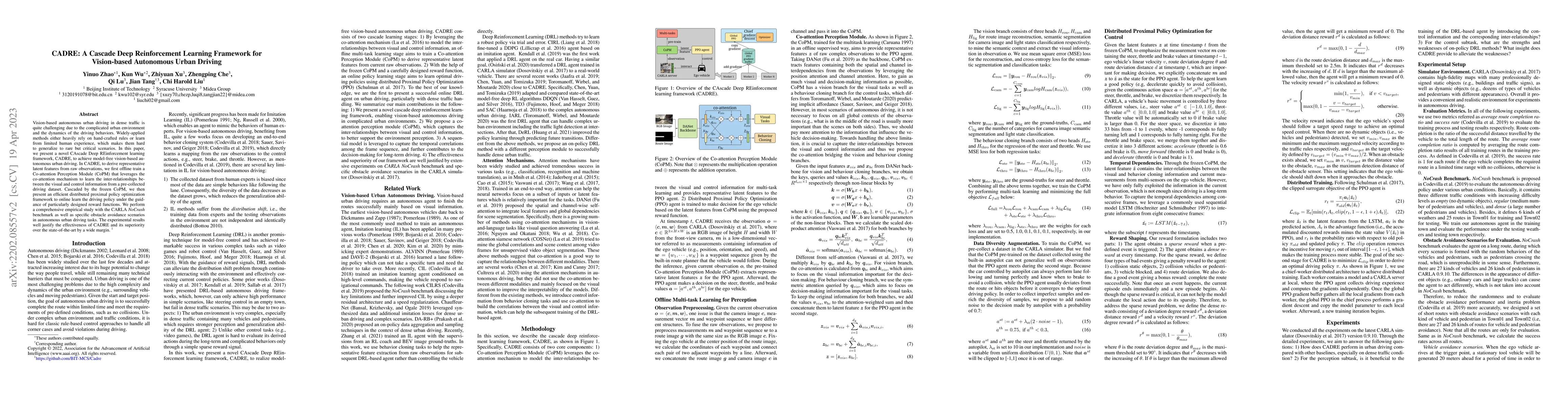 Thumbnail for CADRE: A Cascade Deep Reinforcement Learning Framework for Vision-based
  Autonomous Urban Driving
