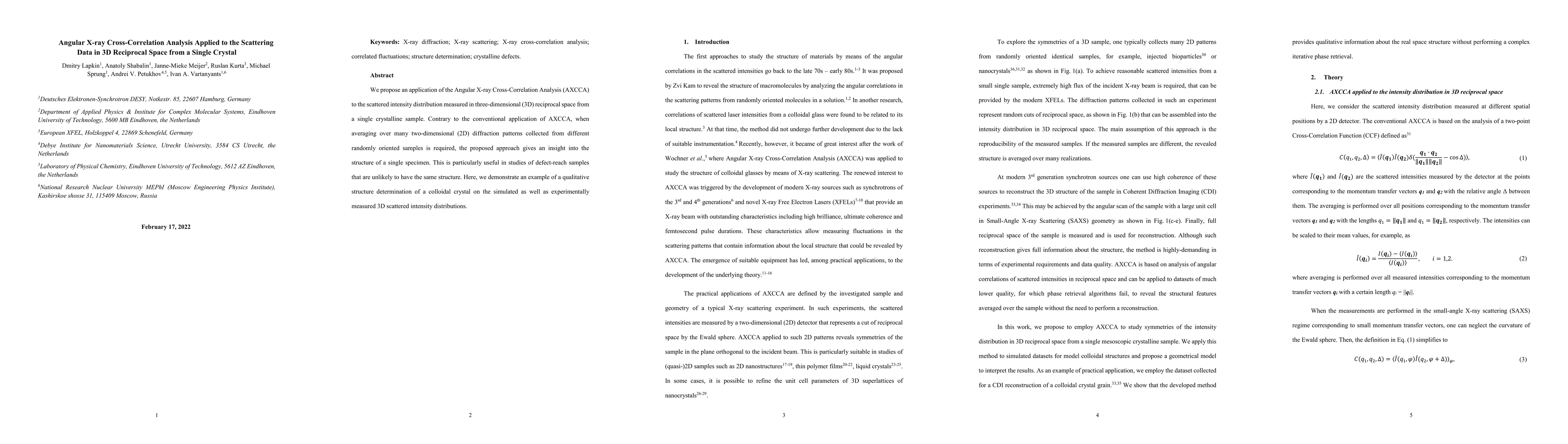 Thumbnail for Angular X-ray Cross-Correlation Analysis Applied to the Scattering Data
  in 3D Reciprocal Space from a Single Crystal
