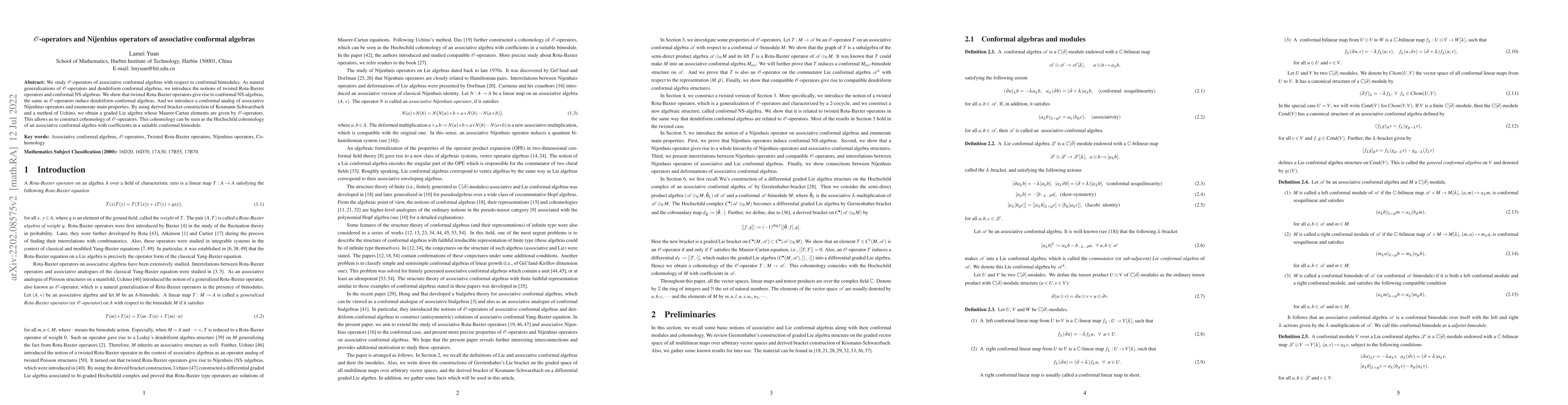 Thumbnail for $\mathcal{O}$-operators and Nijenhius operators of associative conformal
  algebras