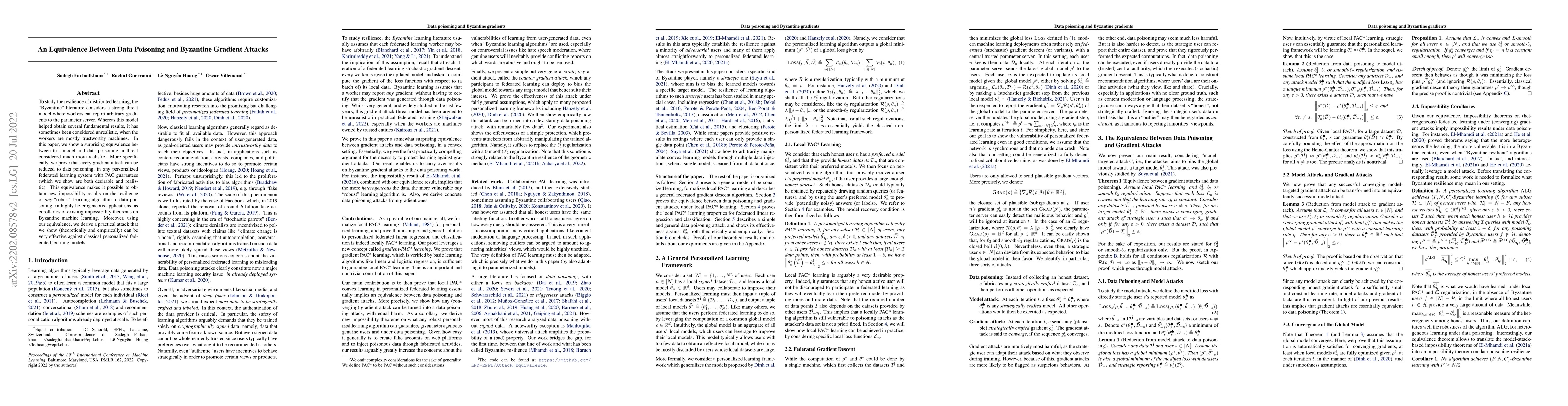 Thumbnail for An Equivalence Between Data Poisoning and Byzantine Gradient Attacks