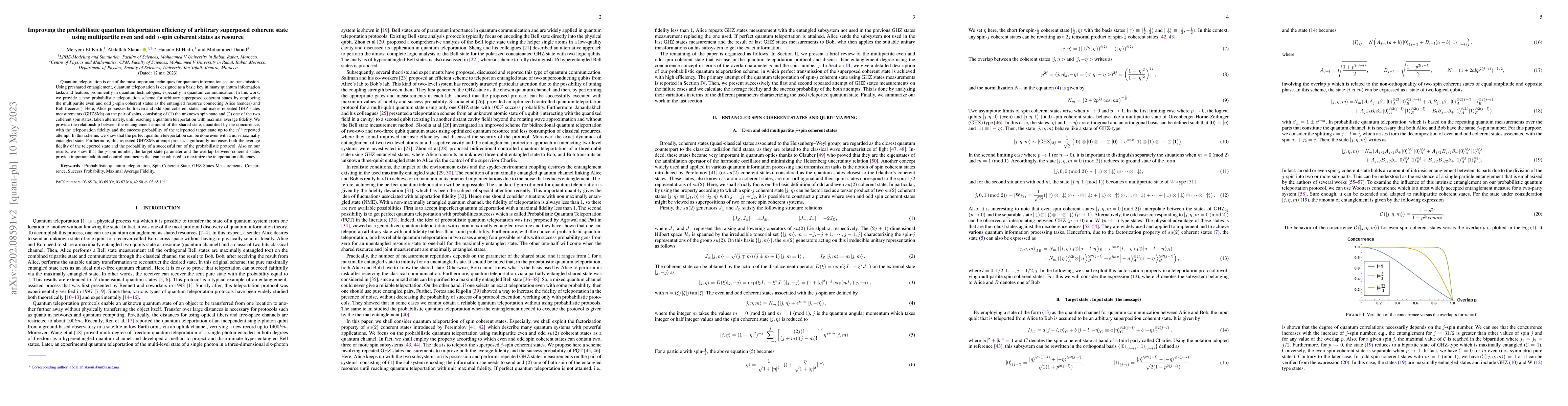 Thumbnail for Improving the probabilistic quantum teleportation efficiency of
  arbitrary superposed coherent state using multipartite even and odd j-spin
  coherent states as resource