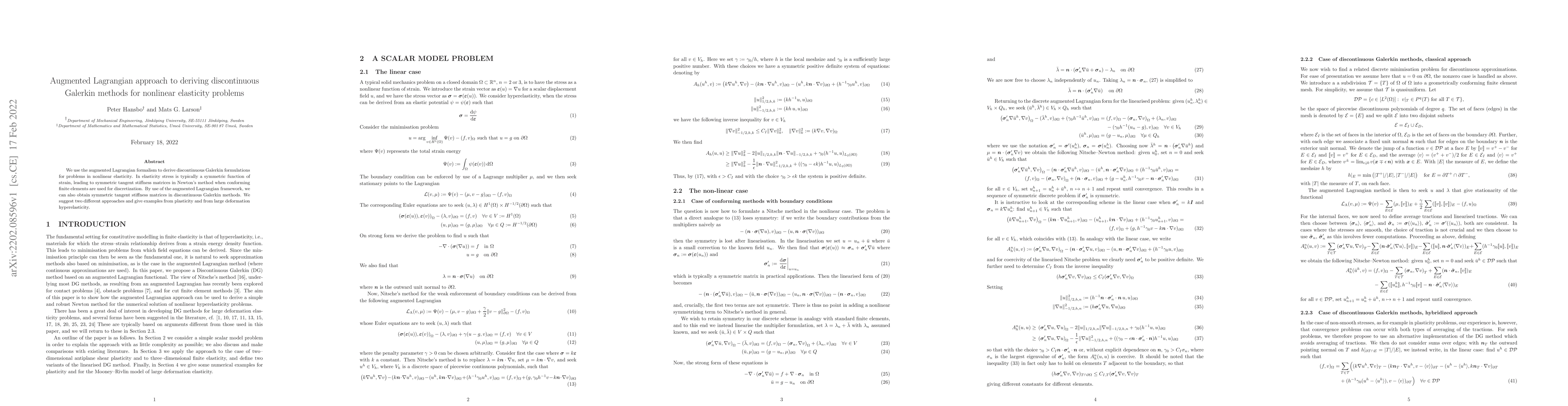 Thumbnail for Augmented Lagrangian approach to deriving discontinuous Galerkin methods
  for nonlinear elasticity problems